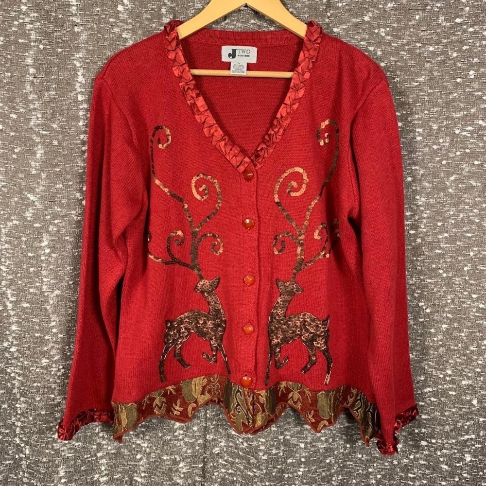 J Two New York Sequin Reindeer Cardigan Sweater Ruffle Trim Holiday Womens XL